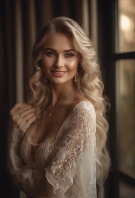 RAW, analog, Nikon Z 85mm,((best quality)), ((masterpiece)), ((realistic)),vintage image, gorgeous russian woman, blond, 22 year old, posing in a hotel wearing lingerie, wearing lingerie petite, smile with teeth showing, ((small breasts)), intricate detail...