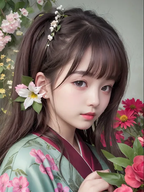 Best quality, Masterpiece, high resolution, Original, highly detailed wallpaper, Beauty,Gorgeous kimono、dress, Sad, Small face、teens girl、Real Human、authentic、Foreigner、Old photos、Flowers bloom、cheerfulness、Pleasure、Red lips、ssmile