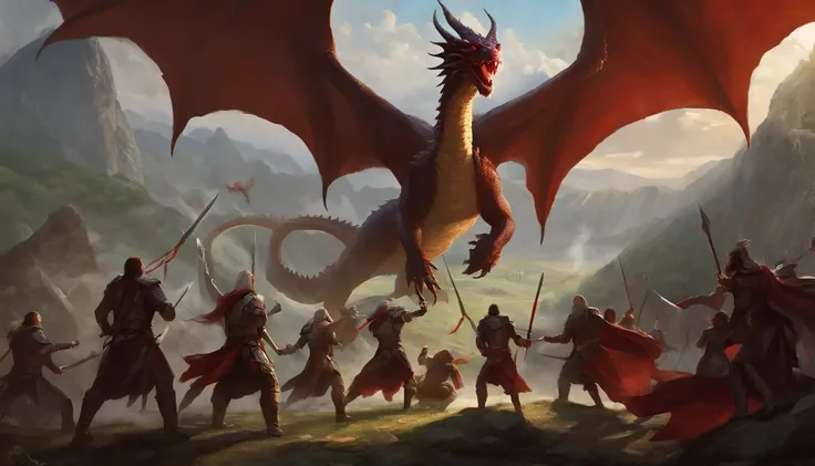 Painting of a group of people with swords and red dragon in the sky, battle with dragon, dungeons and dragons art, epic fantasy art, epic fantasy game art, d & D Arte Digital Fantasia, Epic Fantasy Digital Art Style, Dungeons and Dragons Arte de fantasia, ...