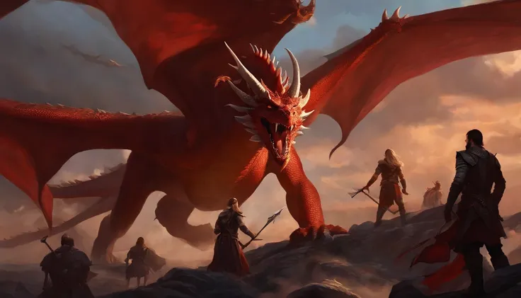 Painting of a group of people with swords and red dragon in the sky, battle with dragon, dungeons and dragons art, epic fantasy art, epic fantasy game art, d & D Arte Digital Fantasia, Epic Fantasy Digital Art Style, Dungeons and Dragons Arte de fantasia, ...