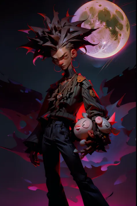 A voodoo trickster man, with spiked hair, wearing striped shirt and a black pants, holding a voodoo rag doll, background is full moon, mood is fickle, stupid, insanity, night time light, character design.