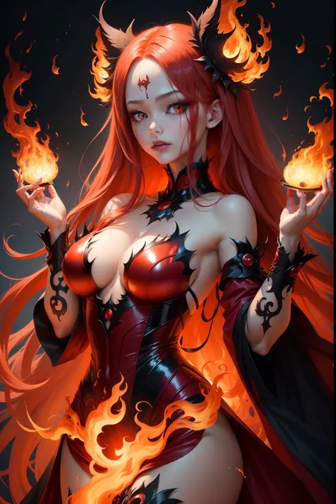 Woman Manipulating Flames、A woman who combines creepiness and beauty、Atrocious、cruel、offensive、Golden Ratio Beauty Face、Symmetrical beautiful face、Red eyes、Hair is made of flames、Flame Hair Ornament、Body engulfed in flames、Burning dress、Full body