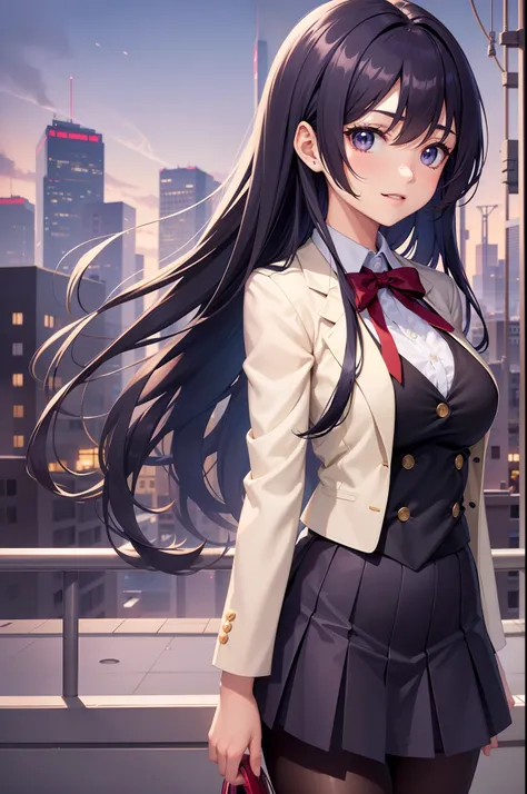 Cute girl in anime style,独奏,(Semi-long hair,Dark dark blue hair,Straight hair),The background is the cityscape of buildings,Niō Standing,hightquality,Black eye,Sophisticated anime drawings，high-school uniform,Thin black tights.blazers，(((medium breasts⁩)))...