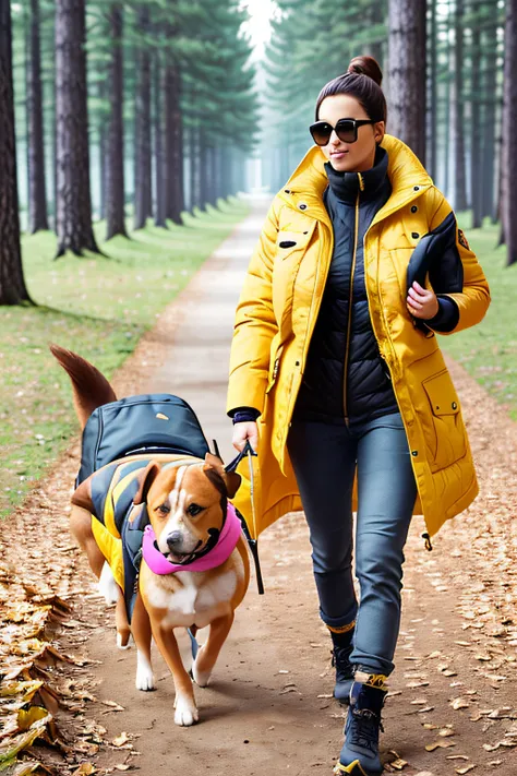 Make a woman with big breast, Pink long winterjacket , with open zipper, with face, body, Forrest, travel bag, Yellow pants, camper, dog