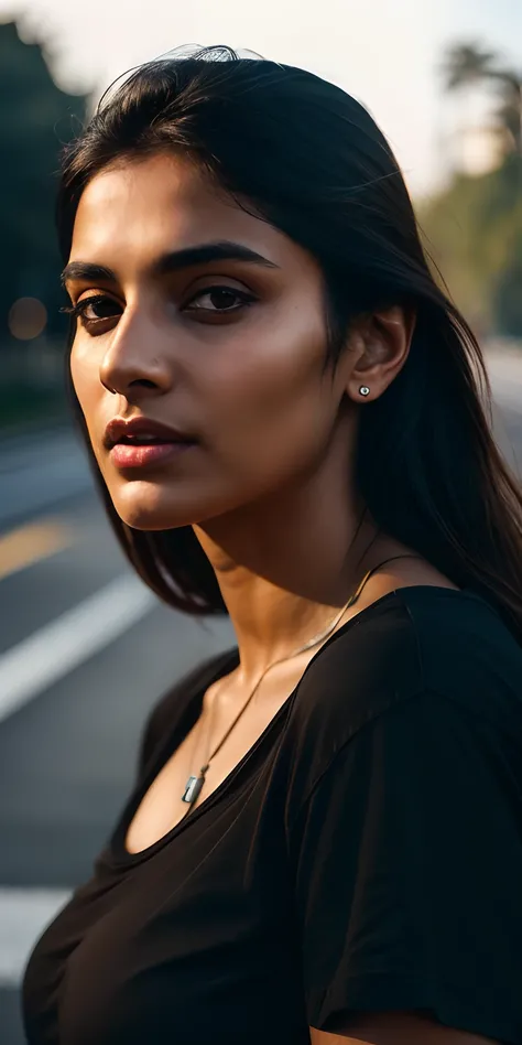 beautiful mature Indian college girl, in black basic round neck Teeshirt with skinny jeans, outside on road, traffic, buildings, firm breasts, photorealistic, photo, masterpiece, realistic, realism, photorealism, high contrast, photorealistic digital art t...