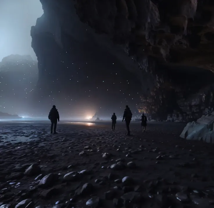 people walking on a beach with a car in the background, otherworldly visuals, cave exploration, depicted as a scifi scene, by jessica rossier, looking into a mysterious cave, inspired by jessica rossier, realism | beeple, highly detailed surreal vfx, all i...