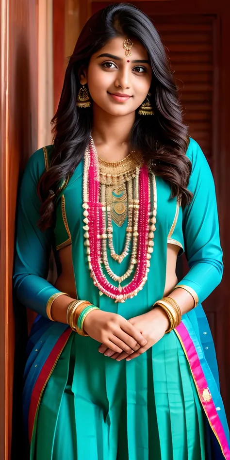 Indian college girl with a beautiful posing in shy to camera with traditional wear in hyper realistic image