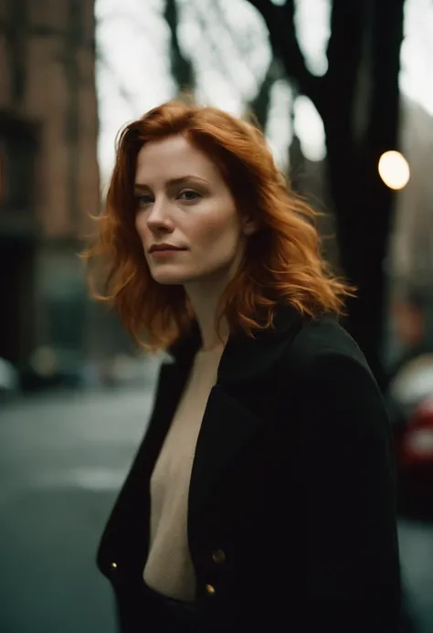 beautiful young woman, 28 year old, short messy hair, ginger hair, floppy hair, straight hair, cold, (investigative journalist:1,5), new york city, Photojournalism, 35mm, Kodak Gold 200, Depth of Field, Materiality