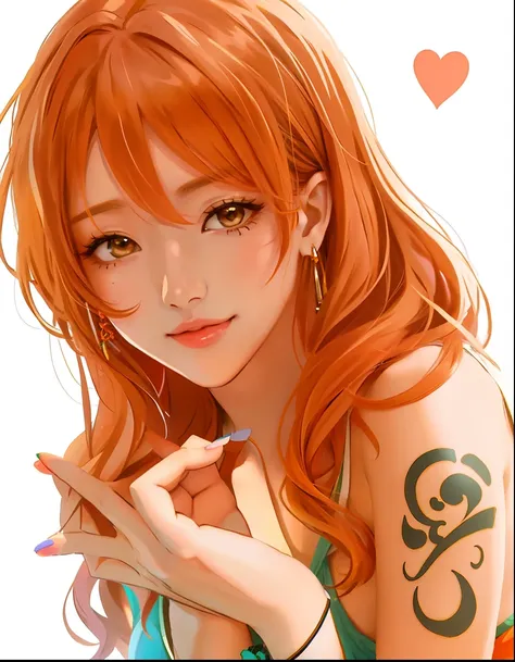 a drawing of a woman with a tattoo on her arm, Retrato bonito de Nami, In the one piece, In the of a piece, Nos, ela tem cabelos longos e redorange, Ela tem longos cabelos castanhos alaranjados, Estilo anime", from one piece, Pixiv, Marin Kitagawa Fanart, ...