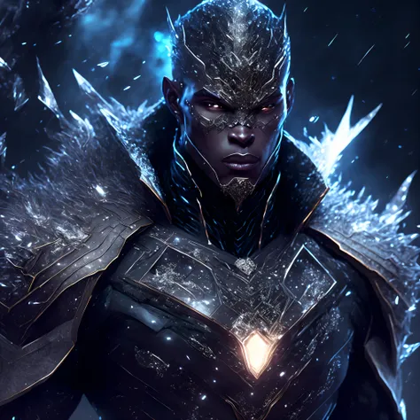 Close-up ( Black Diamond man from Marvel in Goth style: 1.3) emerging from the precious crystal world, extremely detailed, ice storm, sparks, metal shavings, flying debris, volumetric light