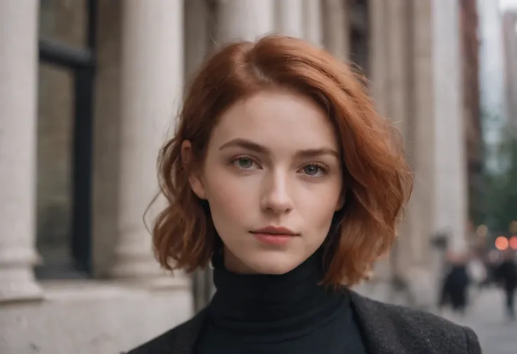 beautiful young woman, 28 year old, short messy hair, ginger hair, floppy hair, straight hair, cold, (investigative journalist:1,5), new york city, Photojournalism, 35mm, Kodak Gold 200, Depth of Field, Materiality