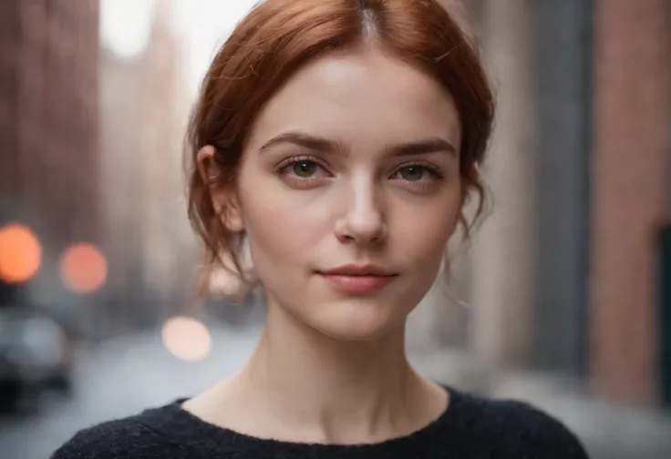 beautiful young woman, 28 year old, short messy hair, ginger hair, floppy hair, straight hair, cold, (investigative journalist:1,5), new york city, Photojournalism, 35mm, Kodak Gold 200, Depth of Field, Materiality