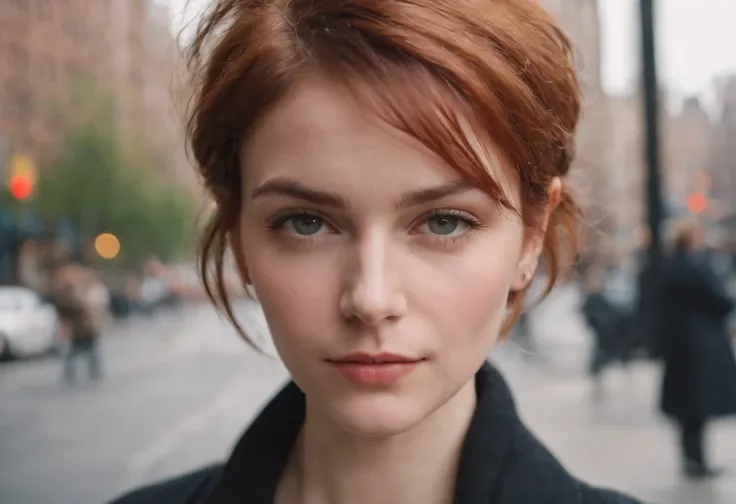 beautiful young woman, 28 year old, short messy hair, ginger hair, floppy hair, straight hair, cold, (investigative journalist:1,5), new york city, Photojournalism, 35mm, Kodak Gold 200, Depth of Field, Materiality