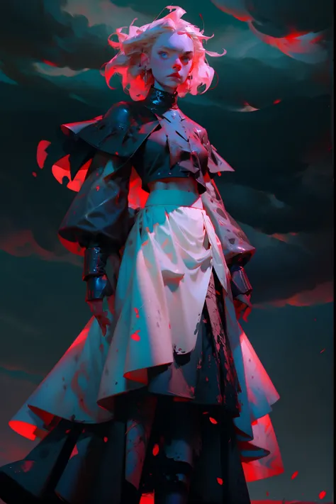 An angry, bitter woman, wearing a white blood spattered skirt and a black blouse, brandishing a large bloody saber, background is open field, dark puffy storm clouds, mood is tragic, violent, agonizing, horrifying, character design.