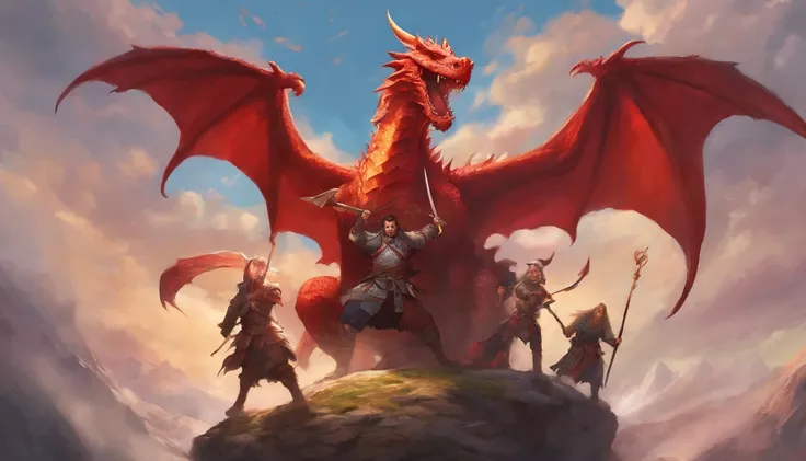 Painting of a group of people with swords and red dragon in the sky, battle with dragon, dungeons and dragons art, epic fantasy art, epic fantasy game art, d & D Arte Digital Fantasia, Epic Fantasy Digital Art Style, Dungeons and Dragons Arte de fantasia, ...