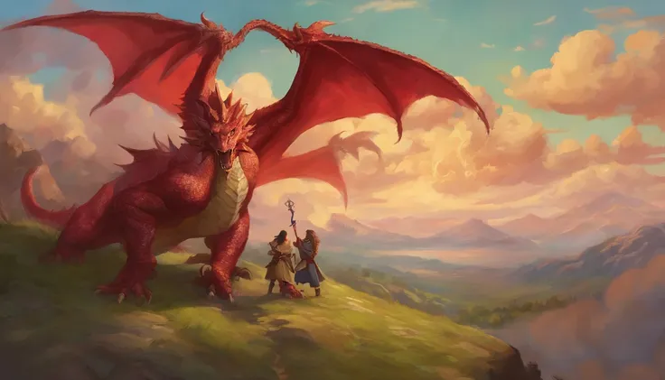 Painting of a group of people with swords and red dragon in the sky, battle with dragon, dungeons and dragons art, epic fantasy art, epic fantasy game art, d & D Arte Digital Fantasia, Epic Fantasy Digital Art Style, Dungeons and Dragons Arte de fantasia, ...