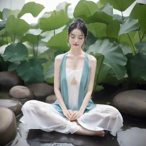 sexy costume female bodhisattva meditating cross-legged，（yoga lotus sitting）,（complete，delicate and good-looking face）,（get wet ...