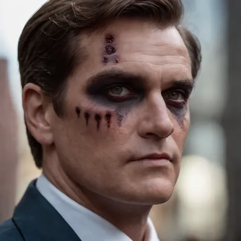 Ultra realistic, Two-Face from DC Comics, side of face horribly scarred, face evenly divided left and right between normal and scarred