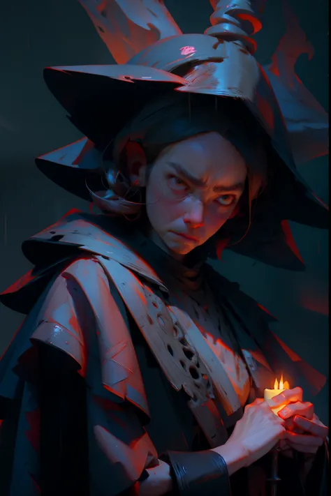 An angry old woman, with a deadly scowl, wearing tattered robes, holding a dim candle, background is dark, misty rain, mood is gloomy, desperate, confining, depressing, night time light, character design.