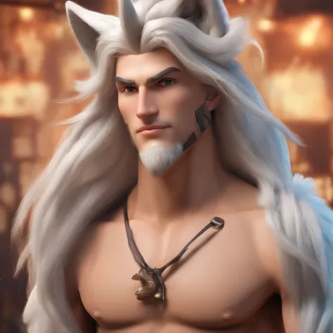 male with wolf ears and a wolf tail, long white hair with flowing long locks, has light beard, shirtless, wearing fingerless gloves, wearing worn jeans, is sweaty