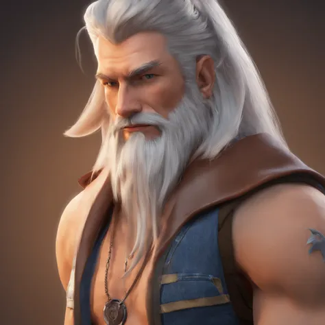 male with wolf ears and a wolf tail, long white hair with flowing long locks, has light beard, shirtless, wearing fingerless gloves, wearing worn jeans, is sweaty