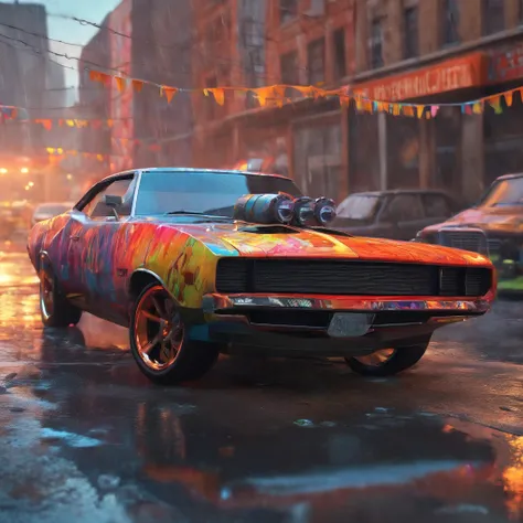 colorful muscle car, greyed out dystopian city, blowing colors out of its tailpipe, give color back to the city, illustration, ultra-detailed, realistic, vibrant colors, studio lighting, urban landscape, high-res, HDR, dynamic lighting, smoke, smog, abando...