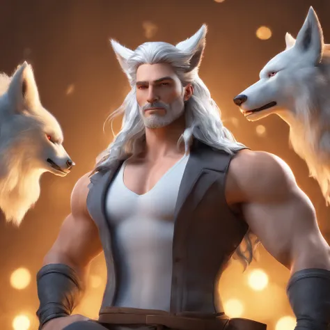 male with wolf ears and a wolf tail, long white hair with flowing long locks, has light beard, shirtless, wearing fingerless gloves, wearing worn jeans, is sweaty