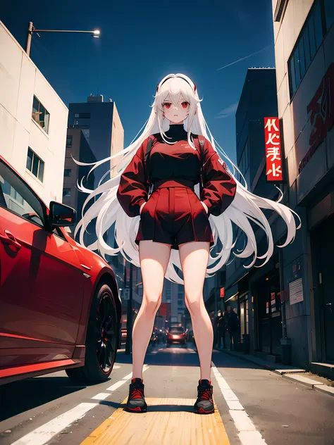 1girl, long white hair, red eyes, wearing tight black shirt, black hotpants, tokyo, high res, ultrasharp, 8k, masterpiece, looking at viewer and standing next to a car, 1car,  red mazda 3