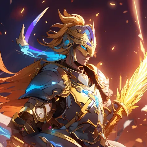 um close up de uma pessoa segurando uma espada e um fogo, paladino de ouro, granblue fantasia, Personagem Genshin Impact, Keqing de Genshin Impact, guilty gear strive splash art, Zhongli, Genshin Impact, Genshin, Impacto Genshin, estilo de duelyst, videoga...