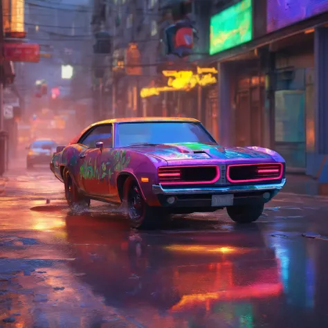 colorful muscle car, greyed out dystopian city, blowing colors out of its tailpipe, give color back to the city, illustration, ultra-detailed, realistic, vibrant colors, studio lighting, urban landscape, high-res, HDR, dynamic lighting, smoke, smog, abando...