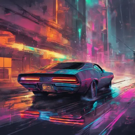 colorful muscle car, greyed out dystopian city, blowing colors out of its tailpipe, give color back to the city, illustration, ultra-detailed, realistic, vibrant colors, studio lighting, urban landscape, high-res, HDR, dynamic lighting, smoke, smog, abando...