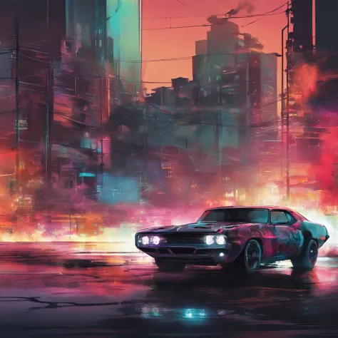 colorful muscle car, greyed out dystopian city, blowing colors out of its tailpipe, give color back to the city, illustration, ultra-detailed, realistic, vibrant colors, studio lighting, urban landscape, high-res, HDR, dynamic lighting, smoke, smog, abando...