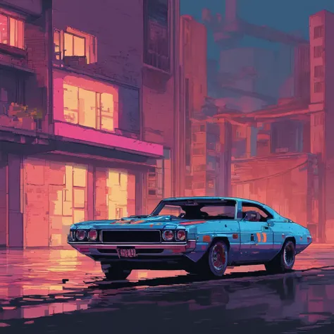 colorful muscle car, greyed out dystopian city, blowing colors out of its tailpipe, give color back to the city, illustration, ultra-detailed, realistic, vibrant colors, studio lighting, urban landscape, high-res, HDR, dynamic lighting, smoke, smog, abando...