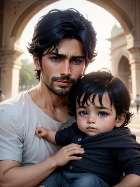 Change background dark blue tone handsome boy and sweet baby realistic face 8k ultra delhi india gate