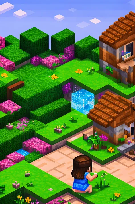 a girl constructing a house in minecraft, detailed brickwork, colorful pixel art, beautifully textured blocks, lush green grass,...