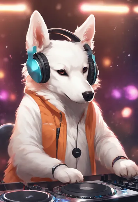 a furry dog with headphones on playing a dj, nightcore, headphones dj rave, with head phones,anthropomorphism,dog head,dog tails,cool background, anime style 4 k, anime wallpaper 4 k, anime wallpaper 4k, dj at a party, kawacy, artwork in the style of guwei...