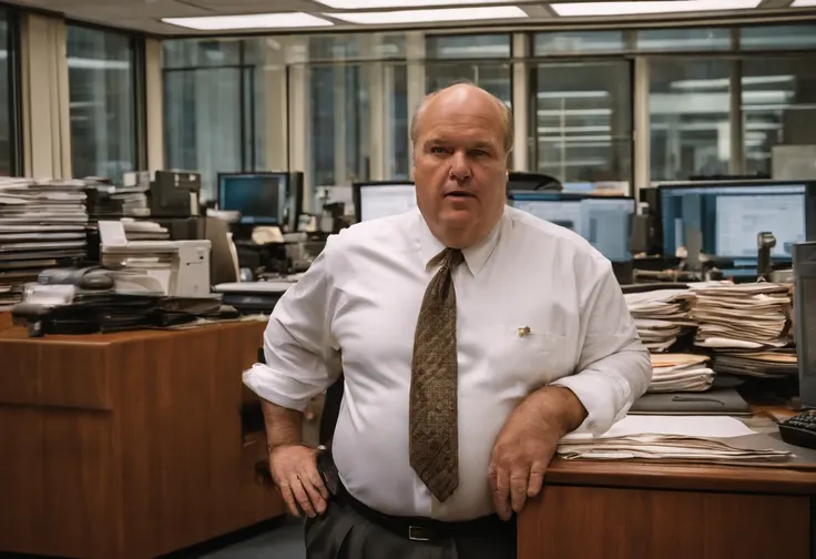 big fat man, 56 year old, balding, white dress shirt, tie, rolled up sleeves, bulging stomach, busy news office, new york city, Photojournalism, 35mm, Depth of Field, Materiality