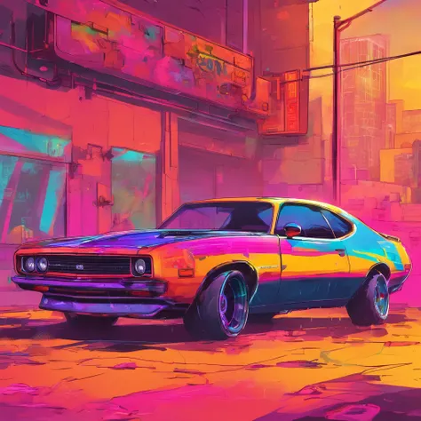 colorful muscle car, greyed out dystopian city, blowing colors out of its tailpipe, give color back to the city, illustration, ultra-detailed, realistic, vibrant colors, studio lighting, urban landscape, high-res, HDR, dynamic lighting, smoke, smog, abando...