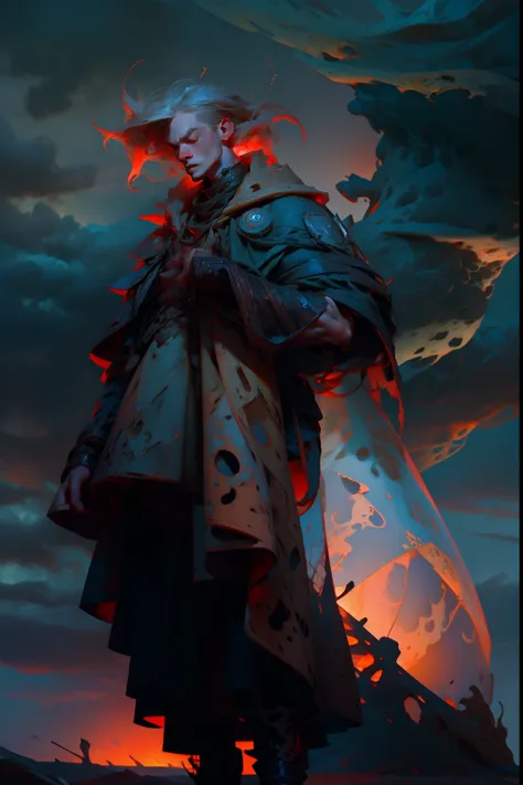 A mean man with sloppy hair, wearing tattered clothes, holding an hourglass in his hand, background is dark storm clouds, erupting volcano, rain, mood is gloomy, desperate, confining, depressing, night time light, character design.