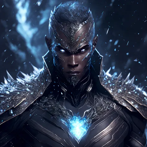 Close-up ( Black Diamond man from Marvel in Goth style: 1.3) emerging from the precious crystal world, extremely detailed, ice storm, sparks, metal shavings, flying debris, volumetric light