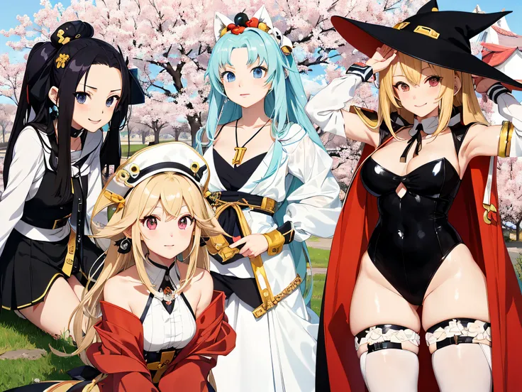 Anime character in costume and hat standing in front of a cherry tree, :14 80s anime style, anime in fantasy style, In a Japanese anime style, In anime style, Anime Girls, Very anime style, Anime princess, Ecchi anime style, guilty gear art style