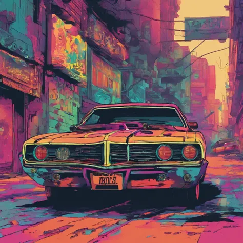 colorful muscle car, greyed out dystopian city, blowing colors out of its tailpipe, give color back to the city, illustration, ultra-detailed, realistic, vibrant colors, studio lighting, urban landscape, high-res, HDR, dynamic lighting, smoke, smog, abando...