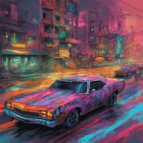 colorful muscle car, greyed out dystopian city, blowing colors out of its tailpipe, give color back to the city, illustration, ultra-detailed, realistic, vibrant colors, studio lighting, urban landscape, high-res, HDR, dynamic lighting, smoke, smog, abando...