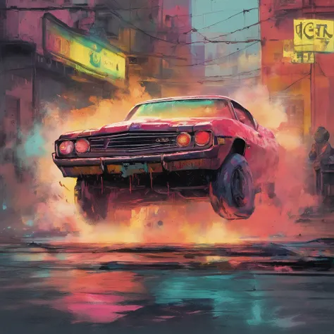 colorful muscle car, greyed out dystopian city, blowing colors out of its tailpipe, give color back to the city, illustration, ultra-detailed, realistic, vibrant colors, studio lighting, urban landscape, high-res, HDR, dynamic lighting, smoke, smog, abando...