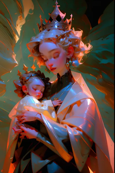 A young mother, holding her baby, wearing a jeweled crown and jeweled earrings, background is springtime landscape, mood is prosperous, wealthy, nurturing, nourishing, daytime light, character design.