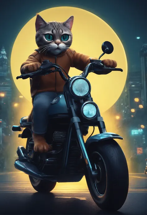 hyper-realistic 3d rendering of a cat riding a super cub motorbike, vector style, neon colors, skottie young, trending on artstation