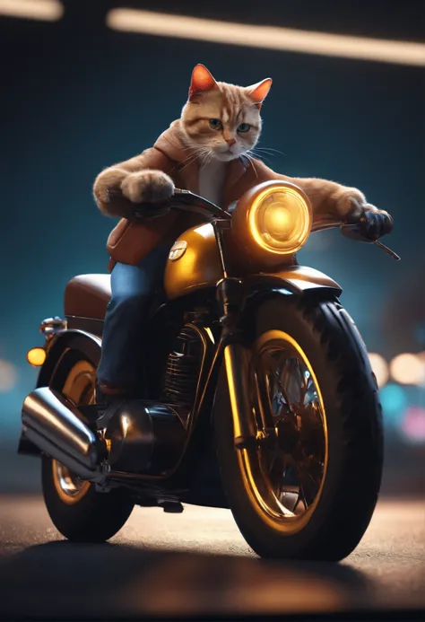 hyper-realistic 3d rendering of a cat riding a super cub motorbike, vector style, neon colors, skottie young, trending on artstation