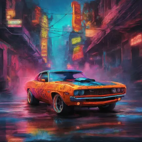 colorful muscle car, greyed out dystopian city, blowing colors out of its tailpipe, give color back to the city, illustration, ultra-detailed, realistic, vibrant colors, studio lighting, urban landscape, high-res, HDR, dynamic lighting, smoke, smog, abando...