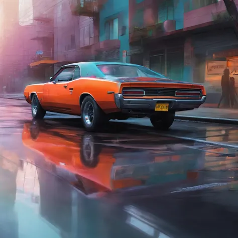 colorful muscle car, greyed out dystopian city, blowing colors out of its tailpipe, give color back to the city, illustration, ultra-detailed, realistic, vibrant colors, studio lighting, urban landscape, high-res, HDR, dynamic lighting, smoke, smog, abando...