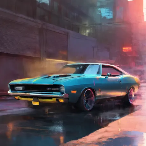 colorful muscle car, greyed out dystopian city, blowing colors out of its tailpipe, give color back to the city, illustration, ultra-detailed, realistic, vibrant colors, studio lighting, urban landscape, high-res, HDR, dynamic lighting, smoke, smog, abando...